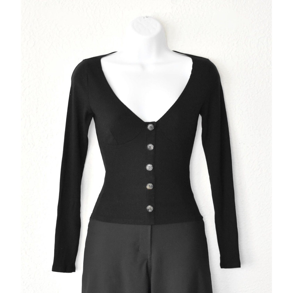 Auth REFORMATION Black Ribbed Knit Deep V Neck Cropped Cardigan Sweater Sz S